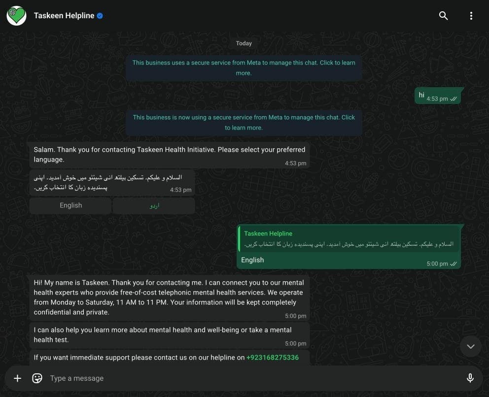 The opening of the Taskeen Helpline thread: the same welcome in English and Urdu, two reply buttons for choosing a language, then a description of the free telephonic service, its Monday-to-Saturday hours and a helpline number for immediate support.